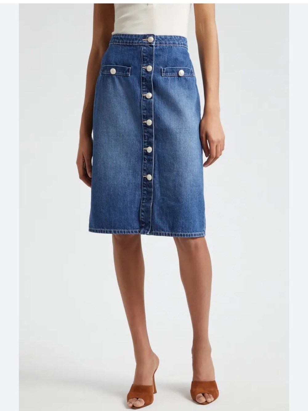 L'AGENCE Landry button-front denim jean midi-skirt 
SIZE 25